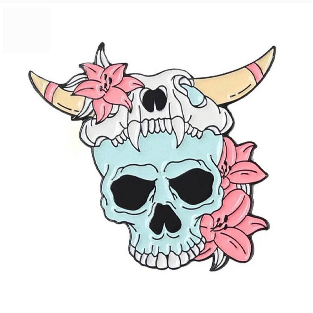 Blue Skull Pink Flowers Enamel Pin
